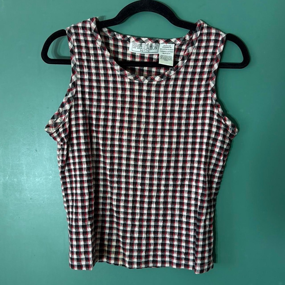 Speculation Petite M Red Black Gingham Pleated Crop Top Tank Preppy Sleeveless